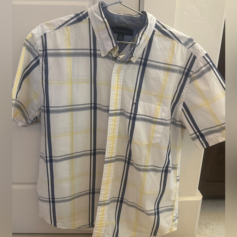 Tommy Hilfiger Men's Yellow, Blue, and White Plaid Shirt